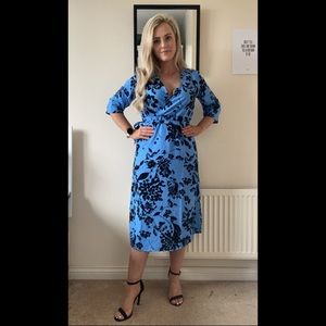 Blue and black floral midi dress.